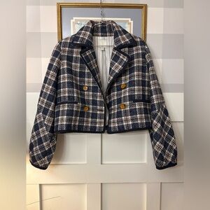 Joie Navy and Cream Plaid Cropped Style Blazer Size Medium